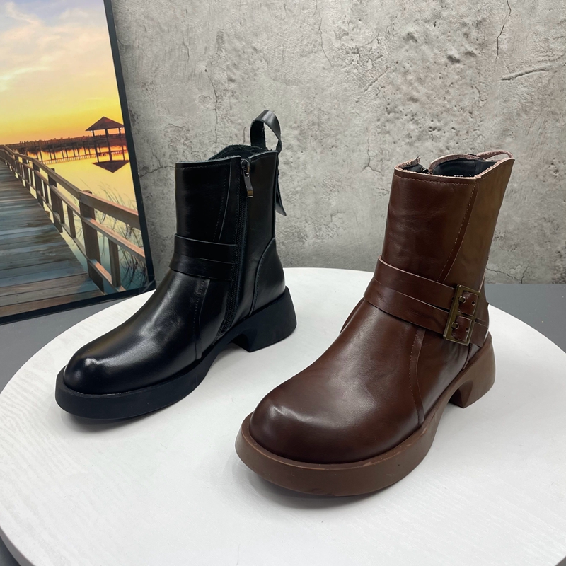 2025冬季新款撤柜折扣真皮户外中跟加绒保暖英伦牛皮时尚女棉短靴