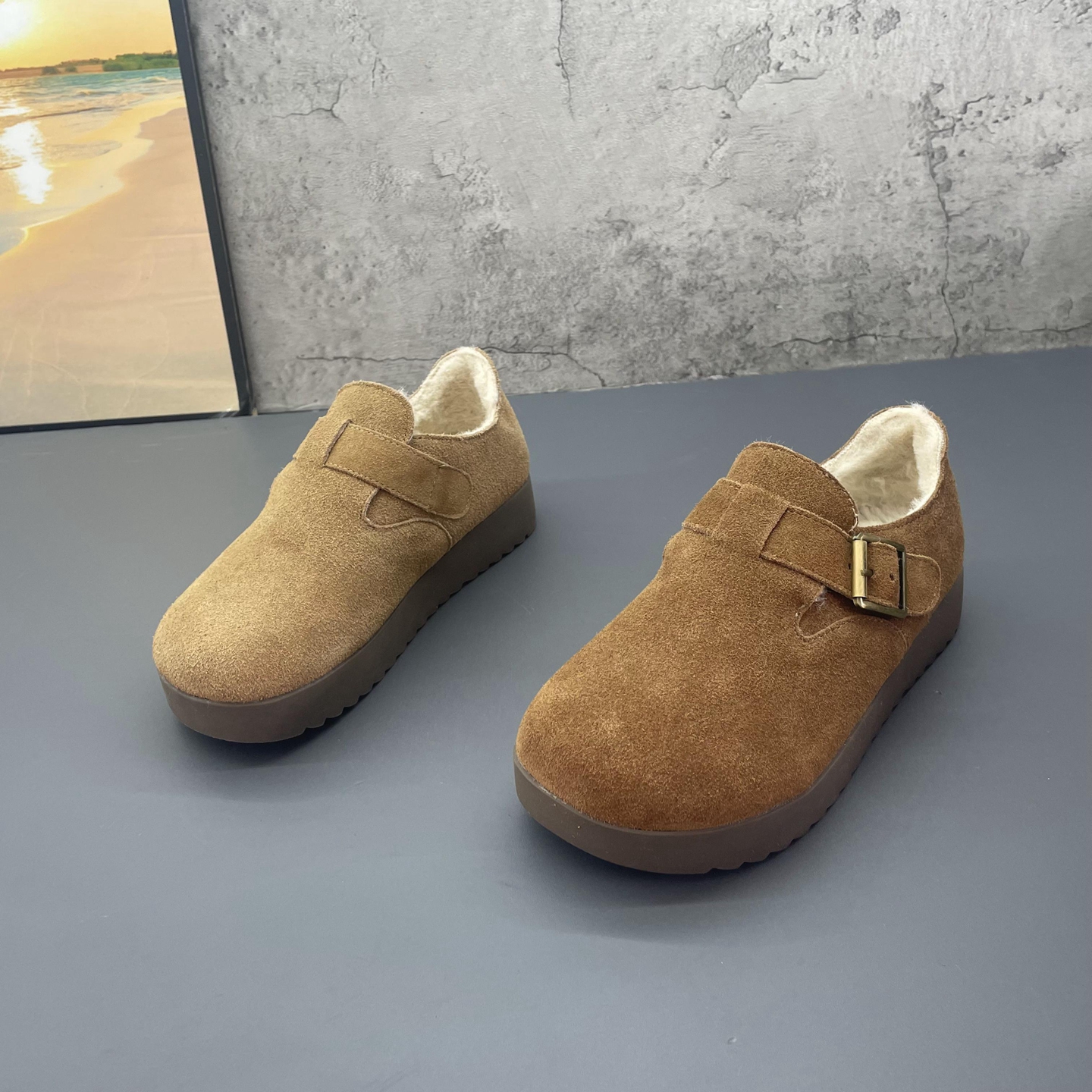 全真皮加绒保暖勃肯鞋2025秋季新款磨砂皮圆头牛反绒绒里棉鞋女鞋