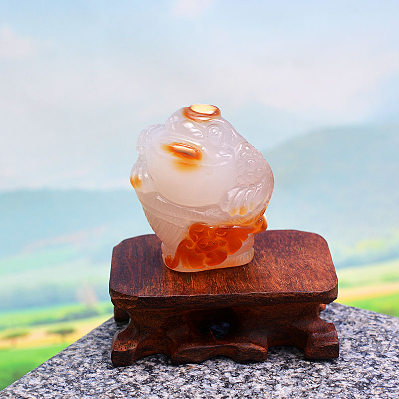 天然玛瑙手把件金蟾文玩小摆件