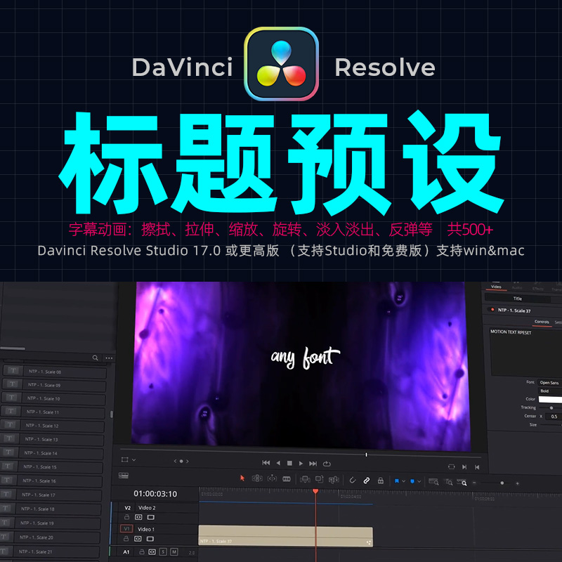 达芬奇Resolve17.0弹跳擦拭拉伸旋转缓入出文字幕标题预设win&mac