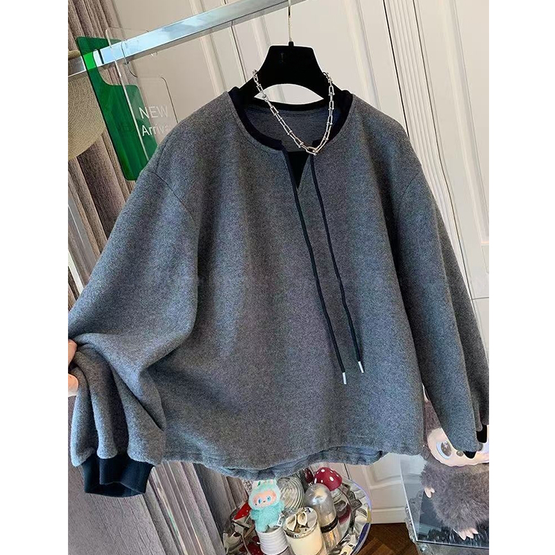 大码高级设计感抽绳假两件卫衣女秋冬新款长袖宽松显瘦上衣潮ins