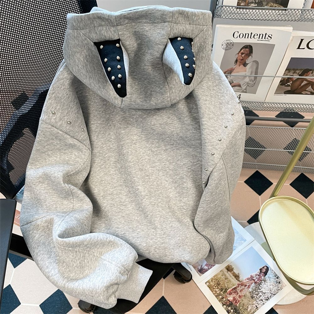 美式复古铆钉装饰拉链卫衣男女装春秋季杜宾犬耳朵开衫外套上衣潮