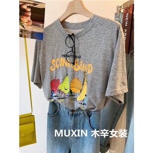 薄款 2025今年流行韩系高级感藏青色tee显瘦正肩糖果甜美少女夏季