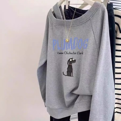 韩系露肩长袖无帽卫衣女款小个子秋季2025新款设计感宽松斜肩上衣