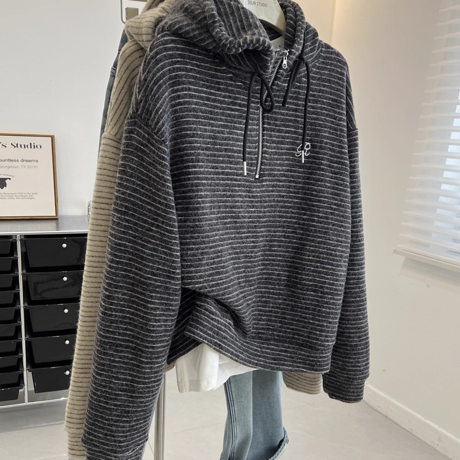 韩版复古温柔半拉链套头条纹连帽卫衣女宽松慵懒帽衫上衣外套冬季
