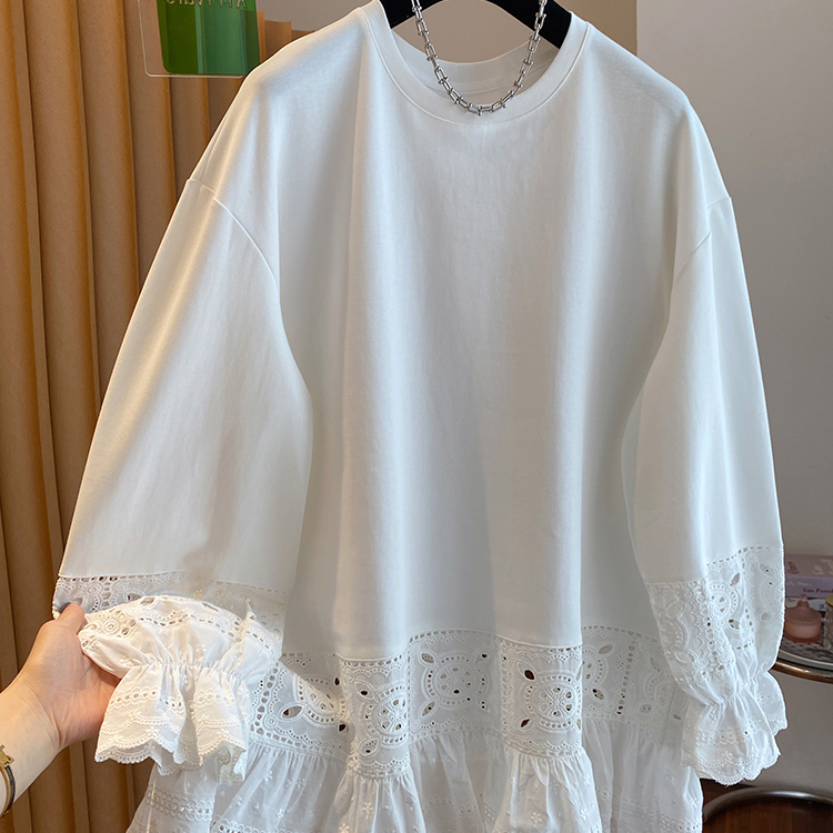 白色镂空蕾丝拼接t恤女2025早春新款宽松圆领加薄绒打底衫上衣棉
