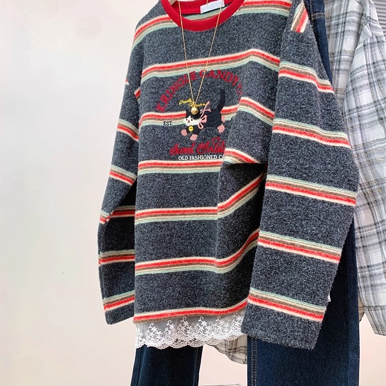 撞色条纹假两件蕾丝长袖t恤女2025新款春秋港味复古磨毛内搭上衣