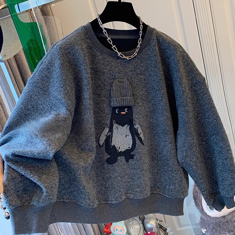 韩系chic加绒加厚无帽卫衣女秋冬季新款胖mm宽松显瘦上衣企鹅外套