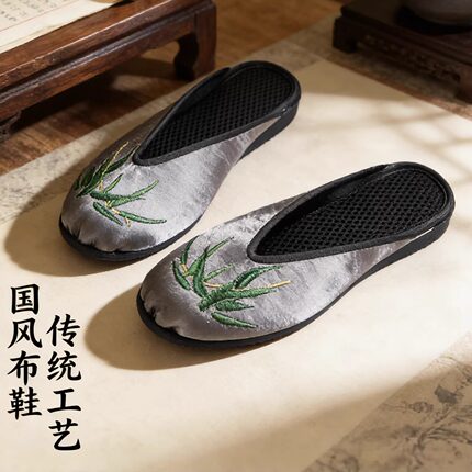五朵金花原创云南绣花鞋复古网红汉服灰色刺绣千层底外穿拖鞋新款