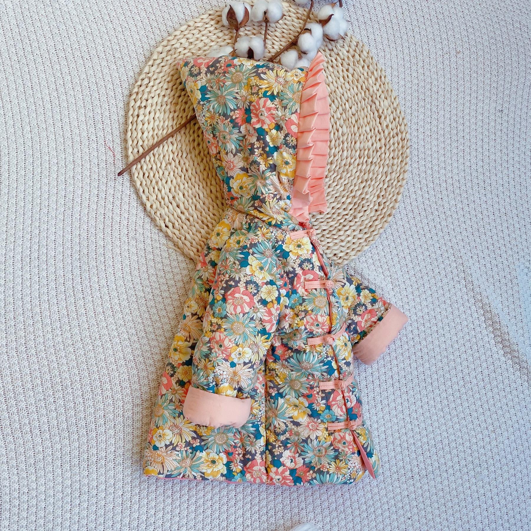 2025冬季新品 女宝宝纯手工棉花棉衣 复古盘扣加厚中长款连帽棉袄