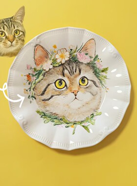 私人定制手绘可爱卡通照片宝宝宠物猫狗陶瓷食盆饭碗水盘赏盘