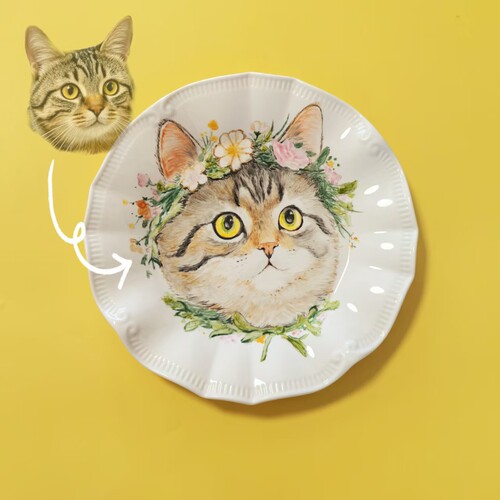 私人定制手绘可爱卡通照片宝宝宠物猫狗陶瓷食盆饭碗水盘赏盘