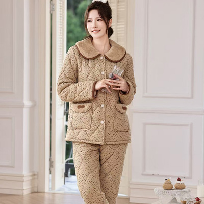 多拉美 冬款加厚翻领梭织印花夹棉女士修身加绒睡衣家居服2453264