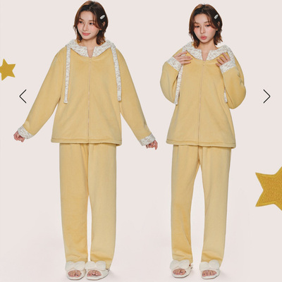 安杜拉2025 女士秋冬女士可爱连帽休闲复合绒家居服睡衣套装55738