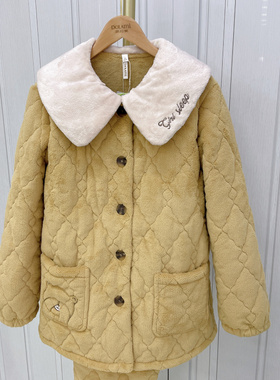 专柜高货多拉美冬女 翻领可爱奥晶粒绒夹棉加厚绒睡衣家居服53272