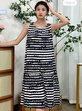 韩蜜蜜夏季 女士圆领套头针织条纹时尚薄款长裙睡裙家居服H705185