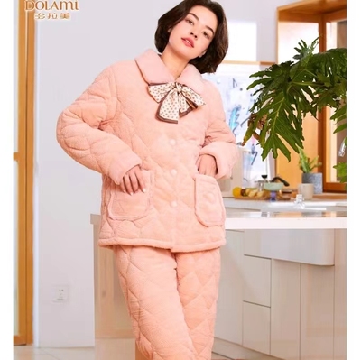 专柜高货多拉美冬女 翻领蝴蝶结奥牛奶绒夹棉加厚睡衣家居服53282