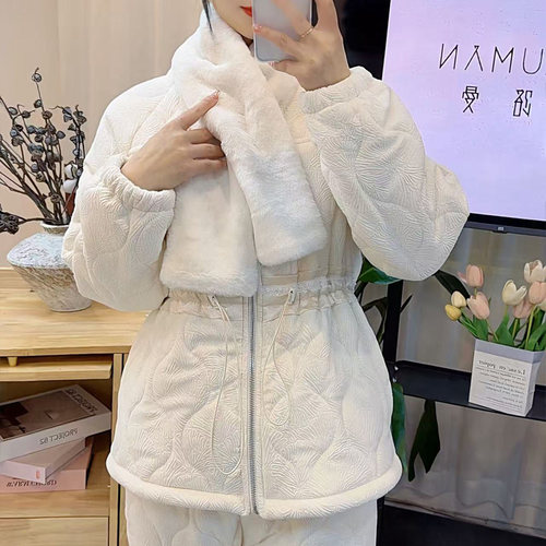 卡路曼 冬季女士收腰拉链修身外穿加绒加厚夹棉柔软睡衣套装56007