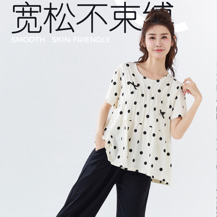 亲情 夏季 女士短袖七分裤冰爽棉圆领套头家居服睡衣套装55212057