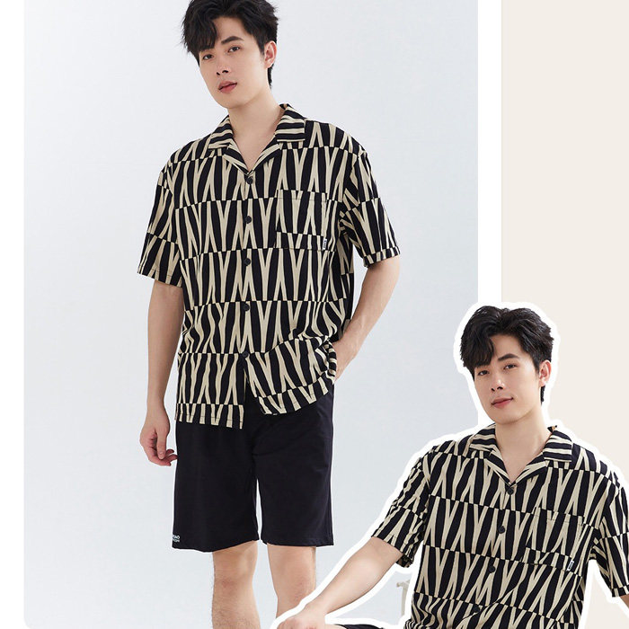 2025亲情夏季男士短袖短裤冰爽棉翻领开扣家居服睡衣套装55211012