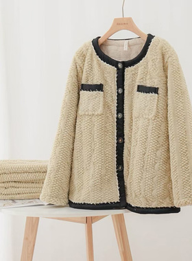 2024安杜拉秋冬女士圆领兔绒加厚小香风外穿夹棉家居服睡衣46211