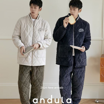 安杜拉 冬季男士牛奶绒加厚夹棉拉链休闲立领外穿家居服睡衣48505