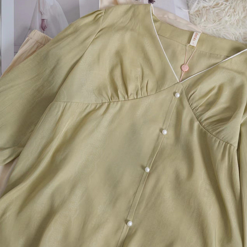 安杜拉 春季薄款女士优可丝提花V领套头长袖柔软睡衣家居服40654