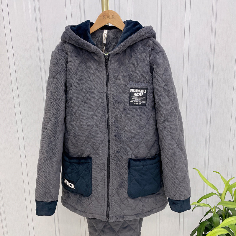 多拉美冬季男士连帽拉链加绒夹棉睡衣/家居服套装