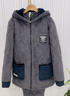 多拉美冬季男士连帽拉链加绒夹棉三层加厚加大睡衣家居服套52319