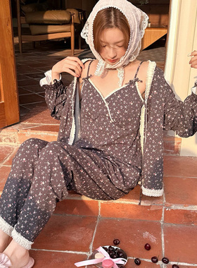 安杜拉2025女士 秋季长袖三件套碎花安棉带胸垫家居服睡衣套53266