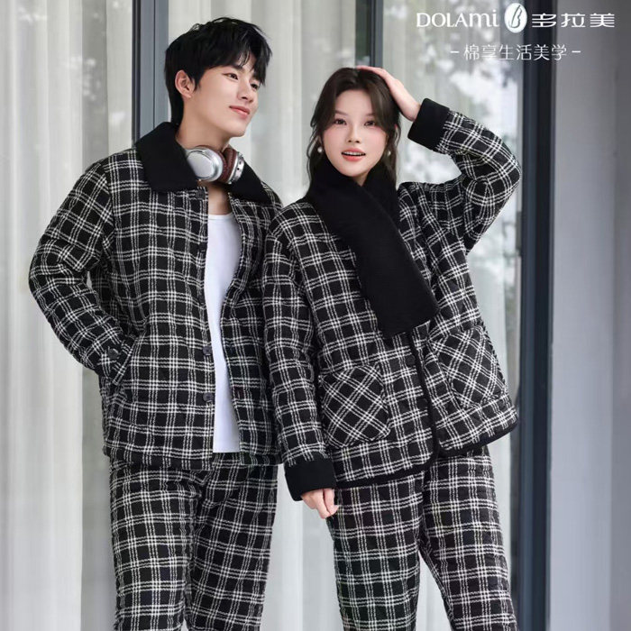 多拉美冬款 男女情侣格子纯棉加绒加厚修身睡衣家居服套装2553200