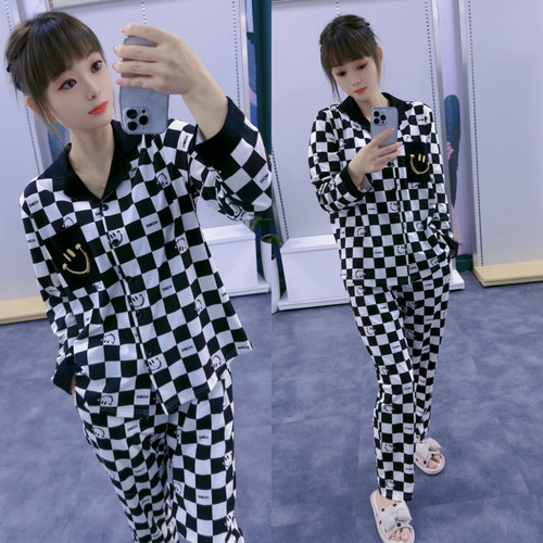多拉美2023秋新款情侣薄款小翻领千鸟格睡衣家居服套33084/32084