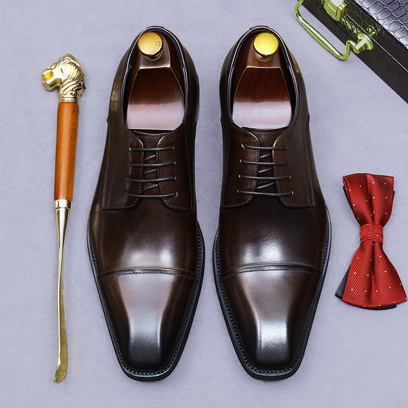 三接头手工皮鞋男商务正装英伦西装方头高端真皮男士大码德比男鞋