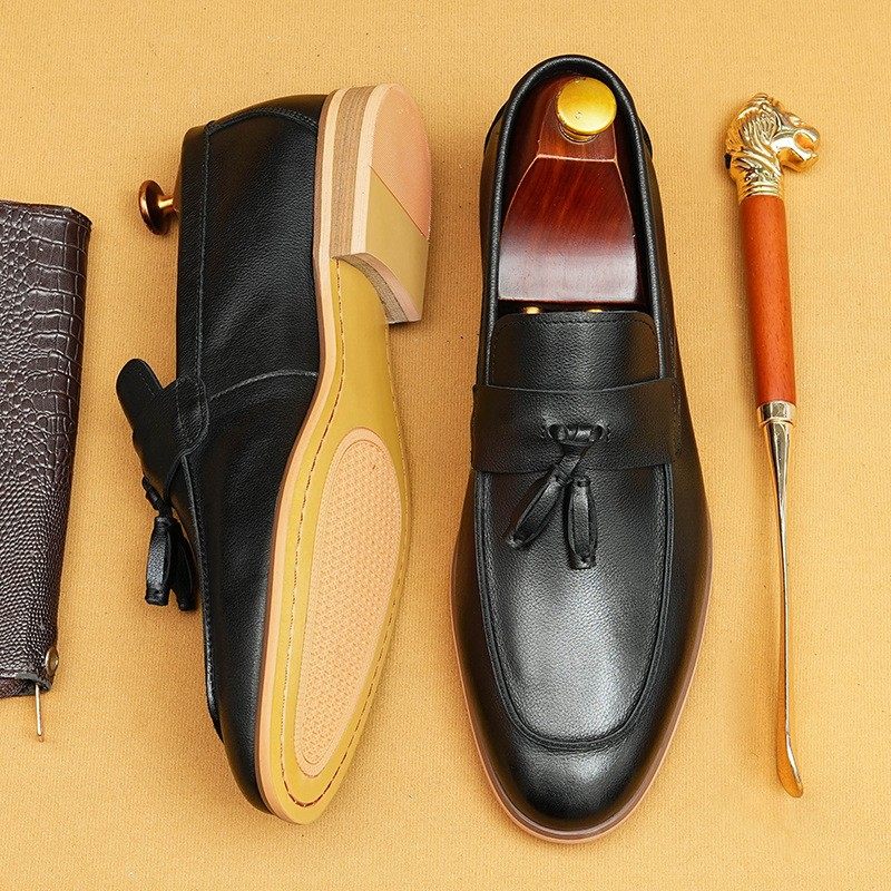 乐福鞋男款真皮2025新款一脚蹬流苏豆豆鞋高级感皮鞋软皮软底男鞋