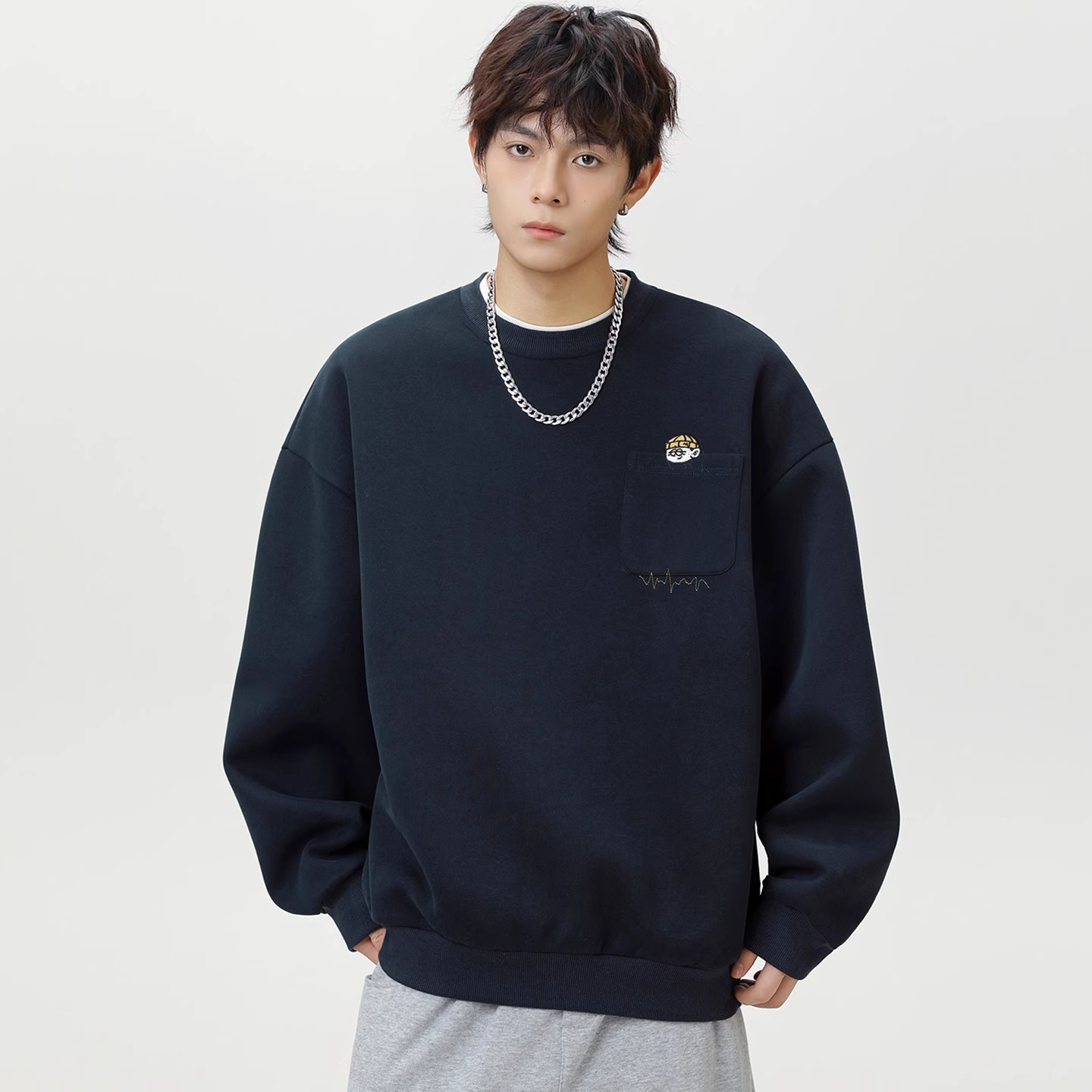 WOODSOON圆领卫衣秋冬季新款男士宽松长袖打底衫潮流休闲百搭上衣