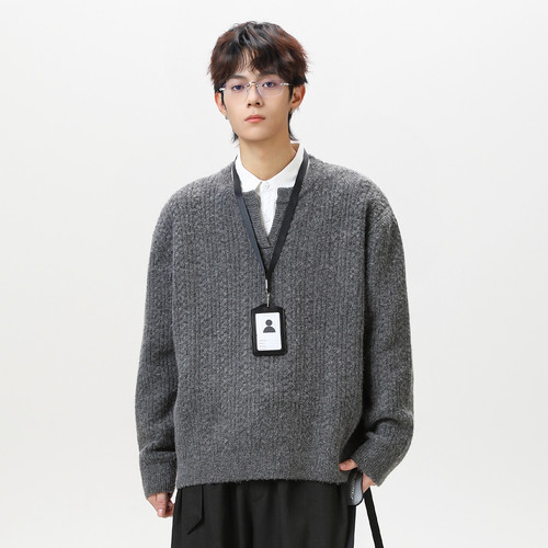 条纹绞花V领毛衣男士潮流时尚宽松休闲秋冬季套头针织衫