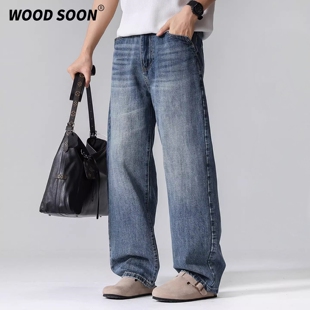 WOODSOON春季潮牌做旧牛仔裤男士美式阔腿宽松休闲猫须蓝色长裤子