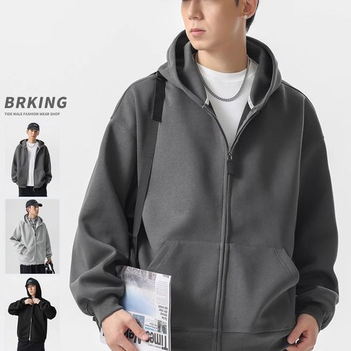 开衫卫衣男士2025秋季新款美式休闲连帽外套纯色宽松上衣