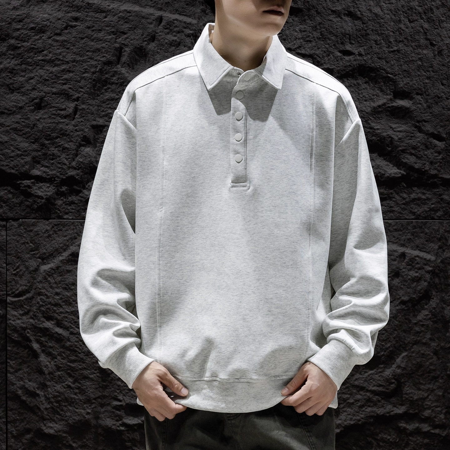 WOODSOON男士纯色翻领卫衣秋冬季新款宽松百搭潮流休闲上衣打底衫