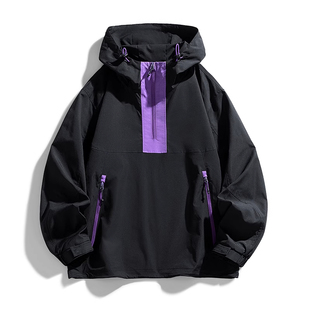 户外软壳套头夹克男士秋冬季潮牌撞色宽松休闲冲锋衣外套
