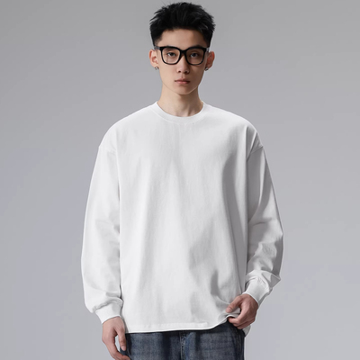 WOODSOON春季简约复古纯色长袖T恤男士纯棉宽松百搭休闲圆领上衣