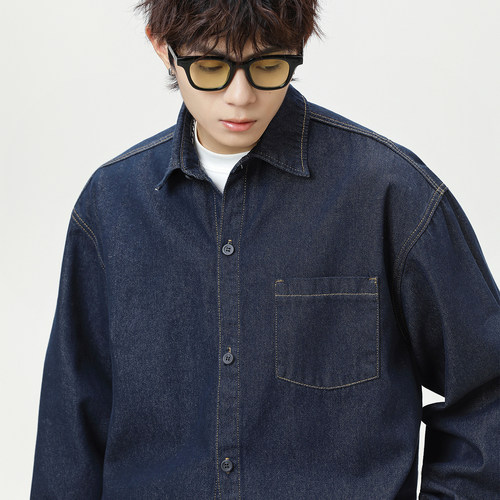 WOODSOON水洗牛仔衬衫男生长袖上衣2025秋冬新款宽松休闲衬衣外套