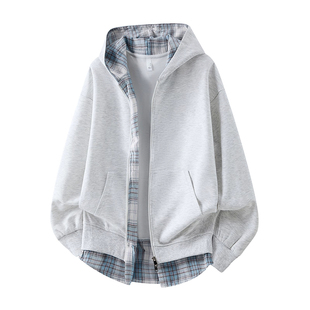 连帽卫衣男士假两件时尚潮牌拼接宽松休闲秋冬季上衣外套