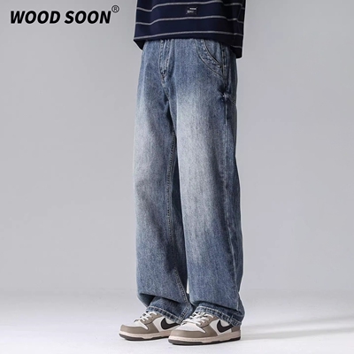 WOODSOON男士春季宽松时尚牛仔裤复古水洗阔腿直筒休闲风男款长裤
