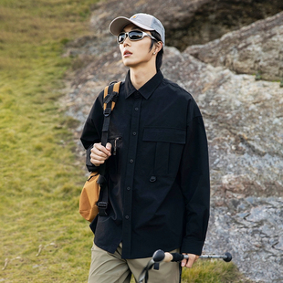 户外工装长袖衬衫男潮流百搭春秋季宽松休闲翻领衬衣外套