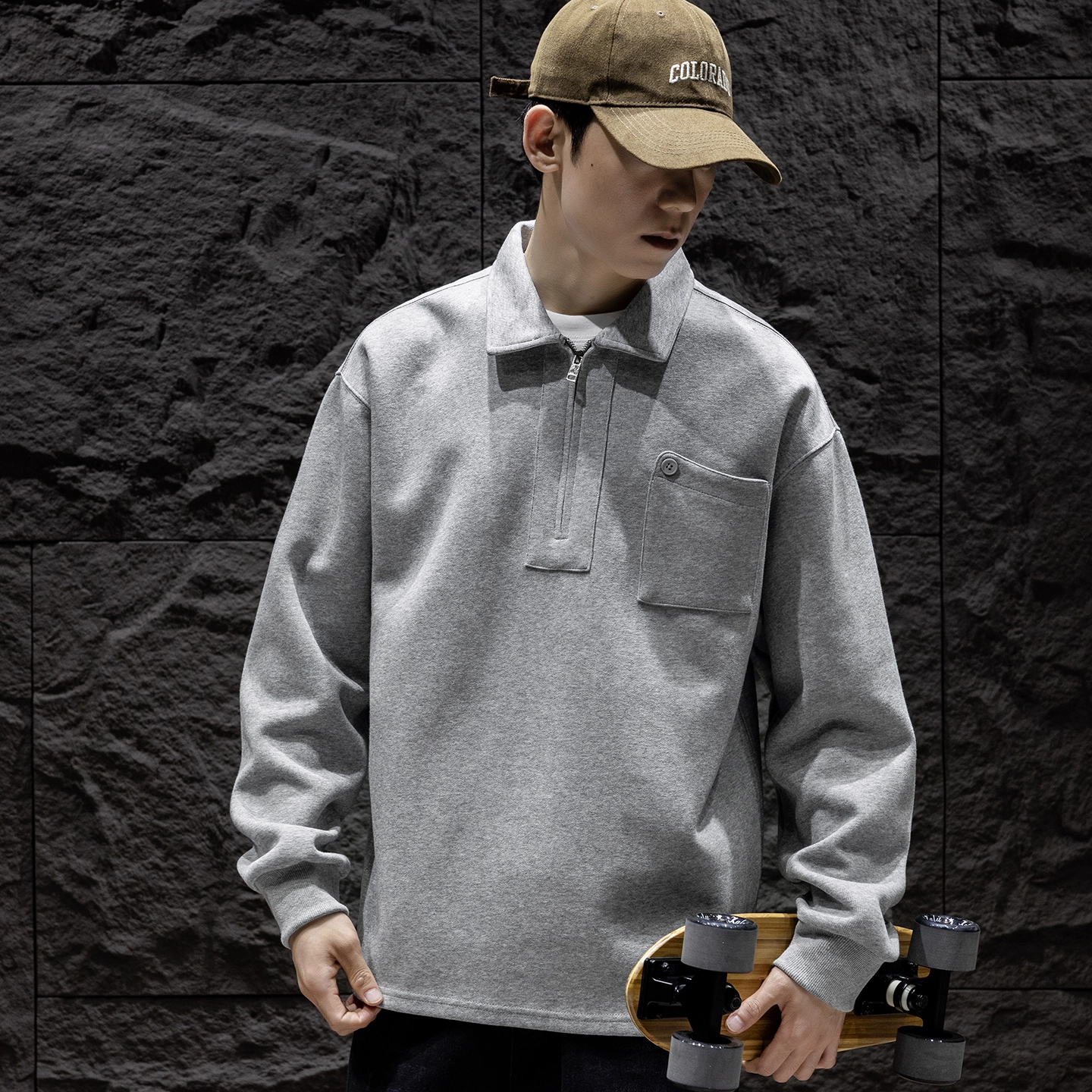 WOODSOON男士纯色翻领卫衣秋冬季新款宽松百搭潮流休闲上衣打底衫