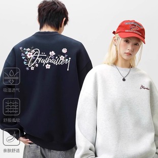 情侣宽松上衣花卉刺绣圆领卫衣秋冬新款休闲潮流男打底衫