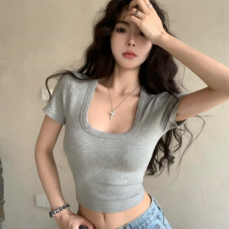 夏季简约基础款修身显瘦低U领短款短袖T恤女性感露脐上衣