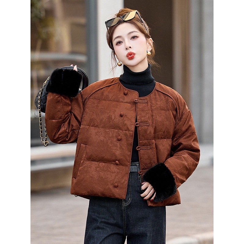 新中式国风提花羽绒服女短款2025年冬季新款仿水貂毛袖口保暖外套