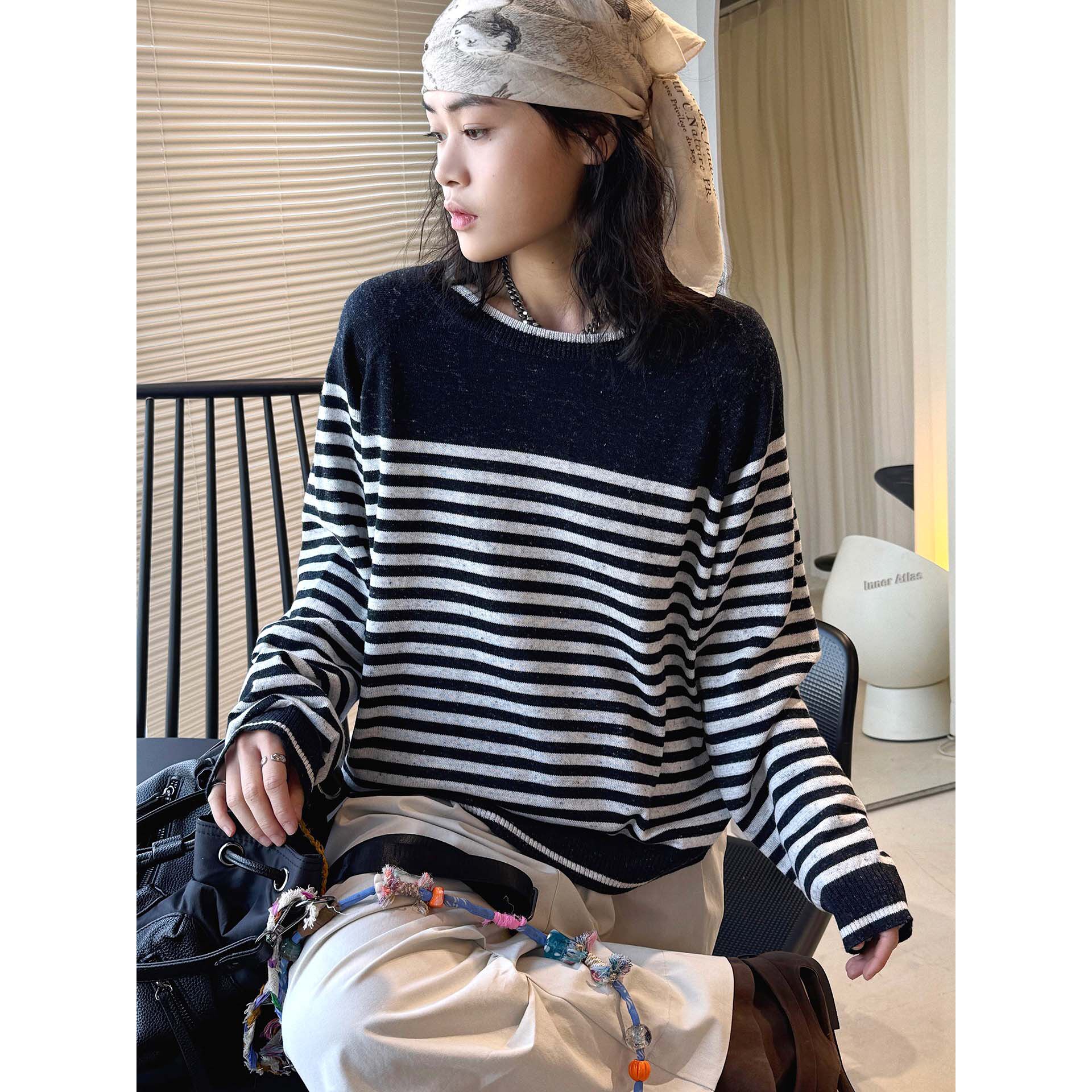 春款韩系复古时髦撞色细条纹羊毛针织衫圆领宽松上衣女